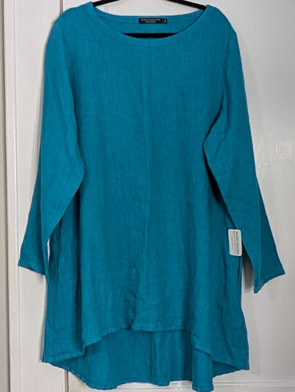 Ready Trading 100% Linen Tunic Top Womens Turquoise Hi Low Lagenlook Long Sleeve
